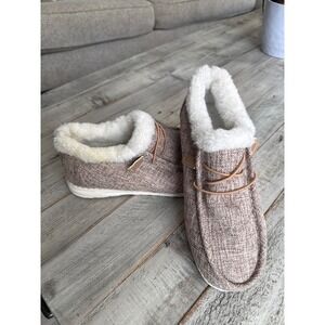 Womens Faux Fur Lined Moc Toe Loafers Taupe Woven Slip On Shoes Size 37